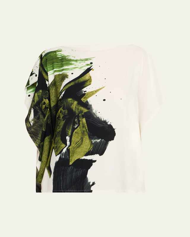 Brushstroke Print Crepe Boatneck Asymmetric Top